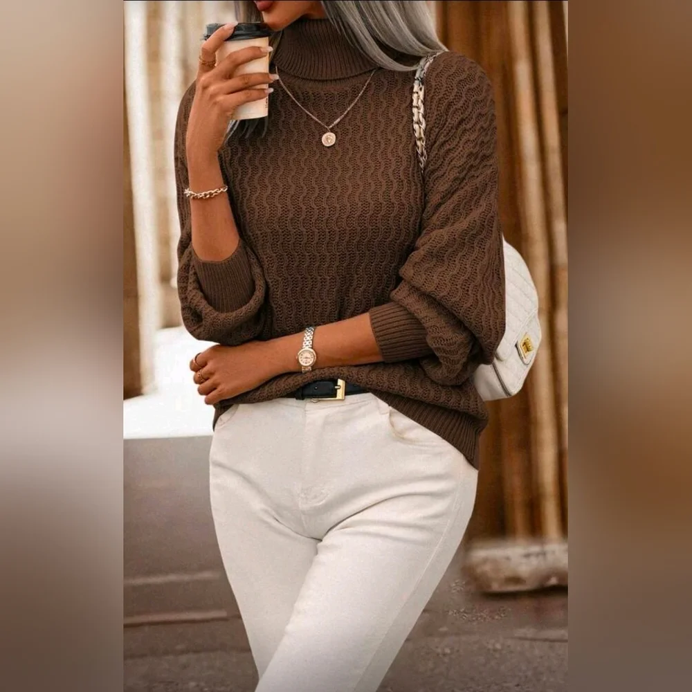 New Luxe Oversized Knit Turtleneck Sweater Top Deep Brown